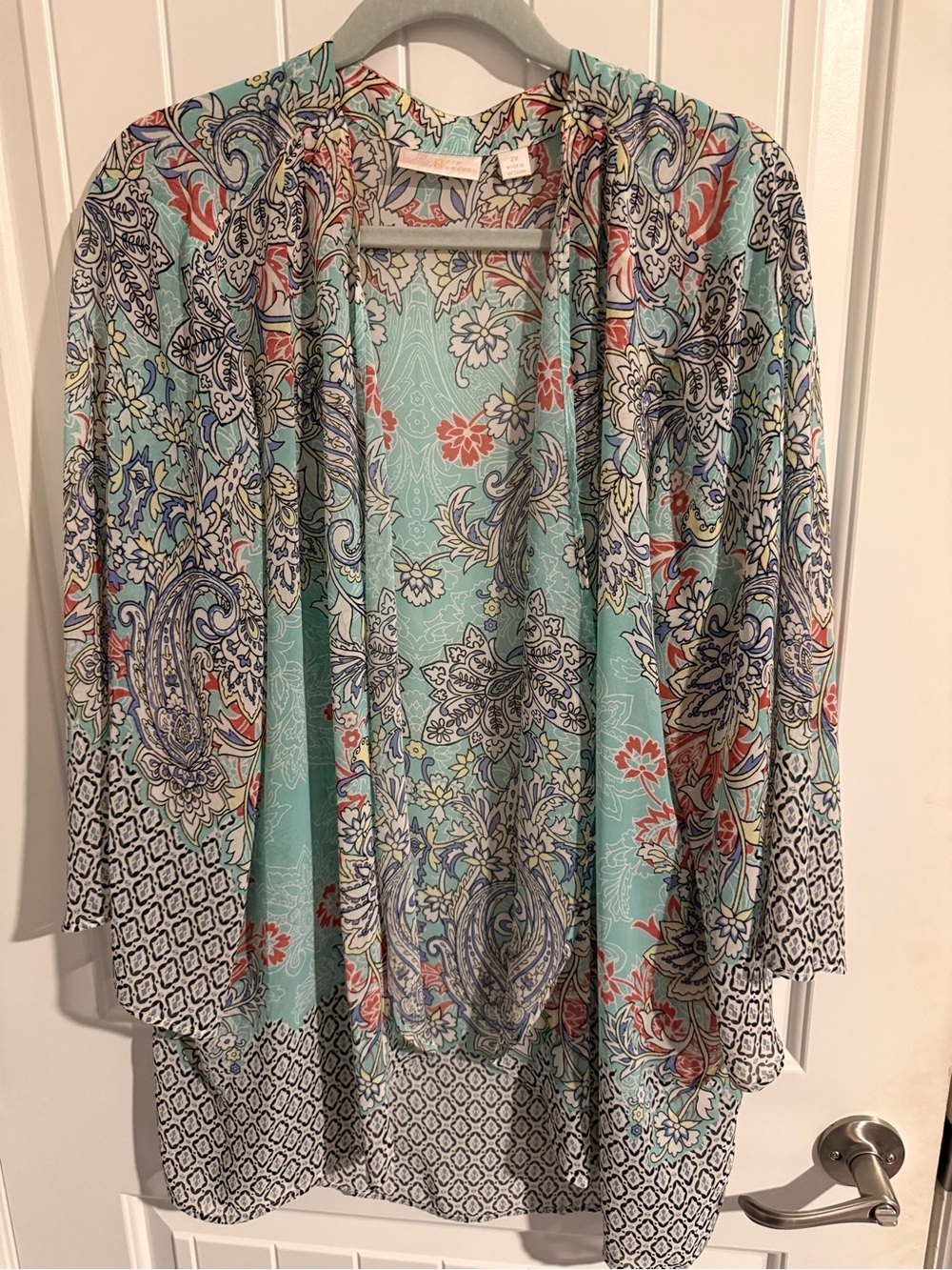 Belle by Kim Gravel Paisley Floral Print Open Front Top — 2X